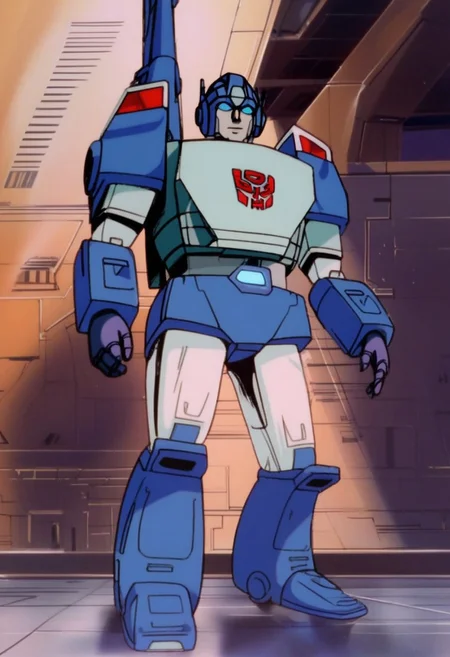 concept art score_9, score_8_up, score_7_up, animation, transformers, 1boy, robot, Autobot, Tall, bulky, glowing eyes, Blue eyes, large eyes, circular eyes, dark Blue armor, artillery cannons, fusion cannons, transforms into Stealth Cybertronian anti_gravity artillery tank, full body, cowboy shot, smiling, holding rifle, Autobot Symbol (Red), full body, <lora:Transformers 86 FT:1> . digital artwork, illustrative, painterly, matte painting, highly detailed