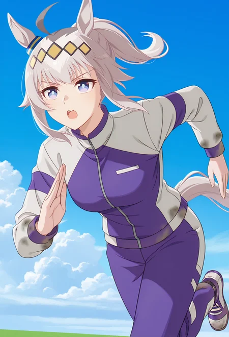 <lora:Oguri Cap_illustrious-000028:1>,
oguri cap \(umamusume\), running, solo, horse ears, tail, horse tail, open mouth, jacket, ahoge, ponytail, pants, long sleeves, cloud, sky, track jacket, outdoors, breasts, day, alternate hairstyle, blue sky, shoes, purple pants