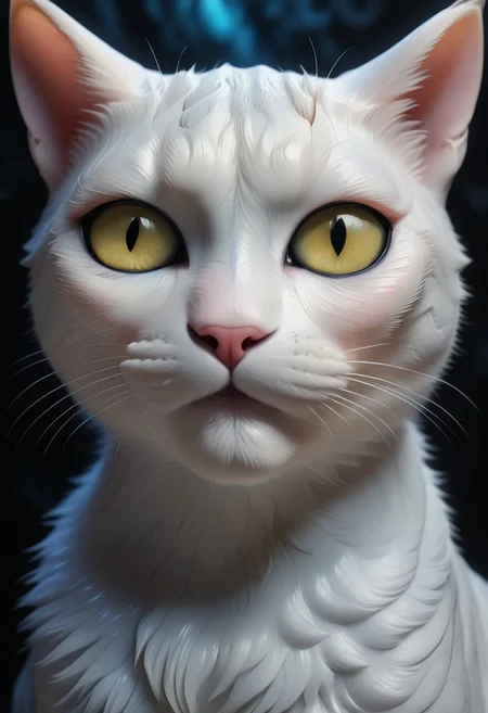 An extreme photorealistic upper body shot of a cat girl with mesmerizing golden eyes and slit pupils. She has long, flowing two-tone hair, white and black, with striking, unrealistic beauty. Her pink lips curve slightly to reveal sharp fangs, and her long fingernails are a key feature of her sleek cat suit. Include tiny imperfections like pores, faint freckles, and slight skin texture variations to add realism. Realistic lip texture with soft lines, slight gloss, and natural color variation. Realistically detailed tear ducts, slightly moist, enhancing the natural appearance of the eyes. Faint, barely visible veins under the eyes, adding depth and authenticity to the skin. Individually rendered eyebrow hairs with natural variation in direction, length, and thickness. Variation in hair strand thickness, with some thinner and finer than others. Detailed texture on the cat suit, showing the weave or material pattern, such as leather, spandex, or velvet. Shadows that move with the character, responding to her position and the light source accurately, 28 YEARS OLD, wrinkles, cat girl, crystal, gem, sparkle, YELLOW EYES, CAT EYES, denise, catgirl, Gothic castle, lively, luminescent, Majestic castle, big eyes.