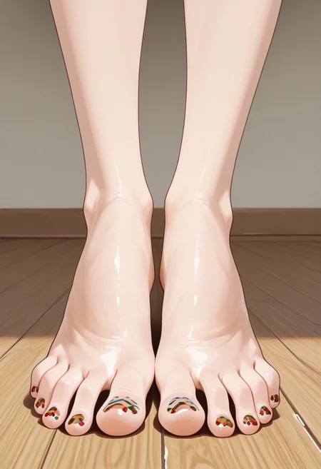 1girl, solo, barefoot, feet, wooden floor, (patterned toenail_polish), ((close-up)), lower_body, spreading toes, detailed feet, feet_focus, perfect toes, toes focus, close-up on toes, five_toes, from below