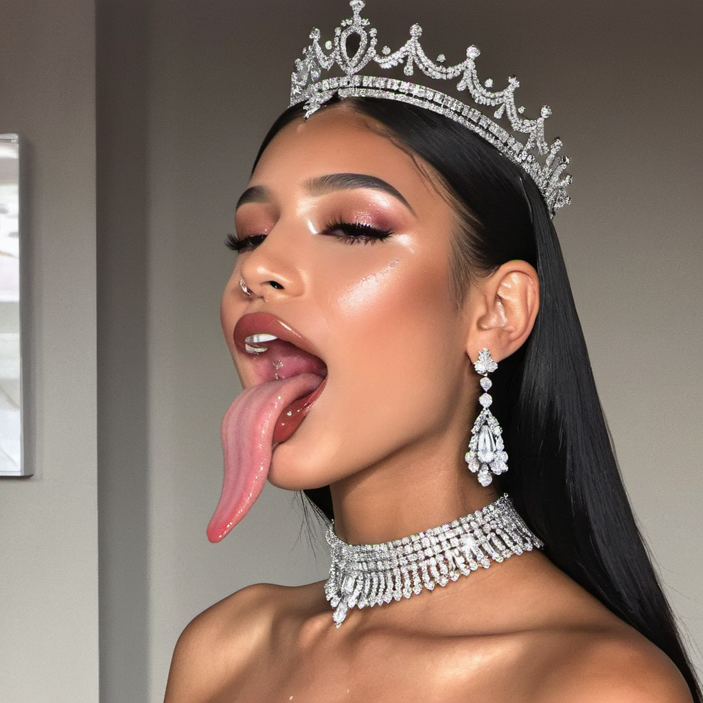 Sideview profile photo, ((iPhone, RAW)), (Super Long wet Tongue out),mouth wide open,(uvula), a stunning woman wearing a tiara and royal choker sticking her long perfect (pink tongue) out,  <lora:concept_tongue_out_xl_1_standard_merger_57_80_04_06:0.6>