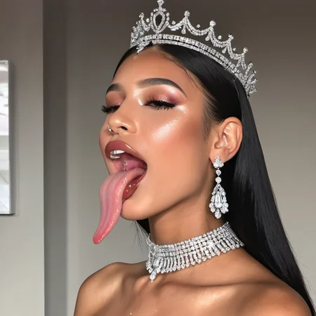 Sideview profile photo, ((iPhone, RAW)), (Super Long wet Tongue out),mouth wide open,(uvula), a stunning woman wearing a tiara and royal choker sticking her long perfect (pink tongue) out, <lora:concept_tongue_out_xl_1_standard_merger_57_80_04_06:0.6>
