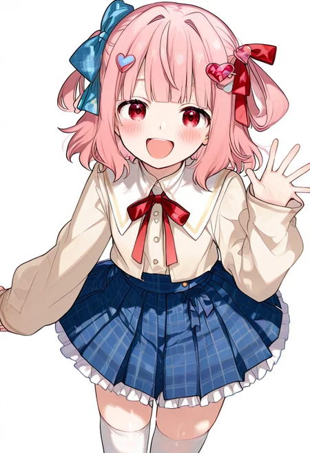 great quality,1girl,solo, (almic:0.9),(ogipote,akakura:0.8),(sofra,sincos:0.6),(karyln,momisan:0.9),flannel skirt,  pleated white and blue skirt, white thighhighs,sleeves past wrists,hair bow,long sleeves,beige blouse,,blue bow, heart hair ornament,  heart hair ornament, , zettai ryouiki, red ribbon,white sailor collar,white frilled skirt,pink hair, shou hair,red eyes,smile, waving,hand up,open mouth