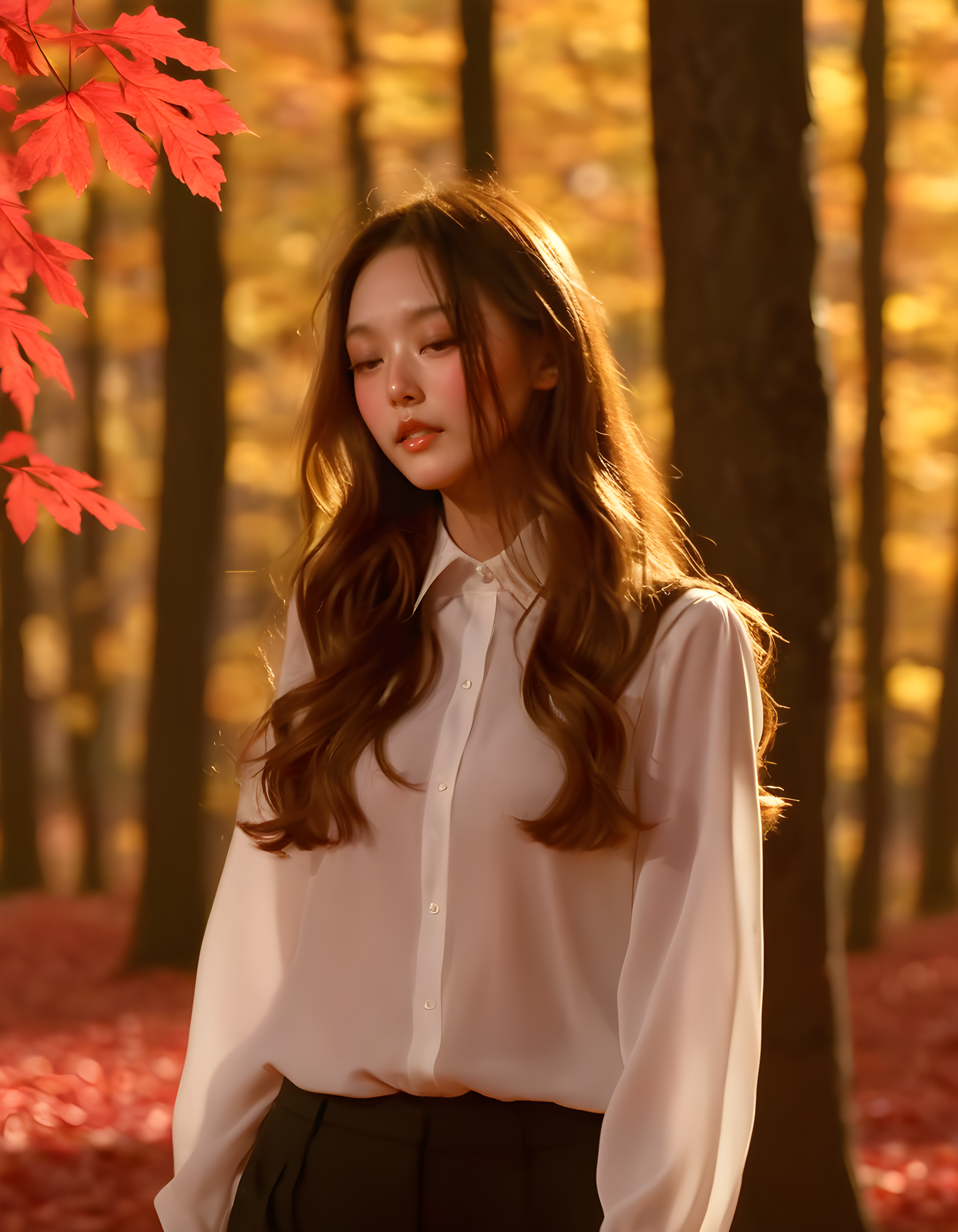 NJZH43R1N, In a vibrant autumn forest, bathed in the soft golden glow of the setting sun, a captivating woman with long, wavy chestnut hair and an enigmatic expression wears a sophisticated outfit consisting of a high-collared white blouse and dark trousers. She stands confidently, her closed eyes conveying a sense of deep introspection, gazing directly at the viewer from a low camera angle that accentuates her poise. Behind her, the crimson and gold leaves of the forest floor create a mesmerizing backdrop as they rustle gently in the wind.