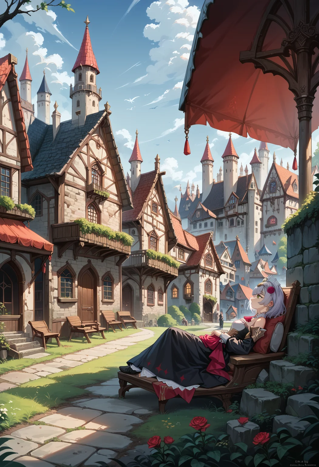 score_9, score_8_up, score_7_up, 1girl, outdoors, from side, laying, looking away, noelle_\\(genshin_impact\\), genshin_impact, green_eyes, grey_hair, medieval town, embedding:c4stl3