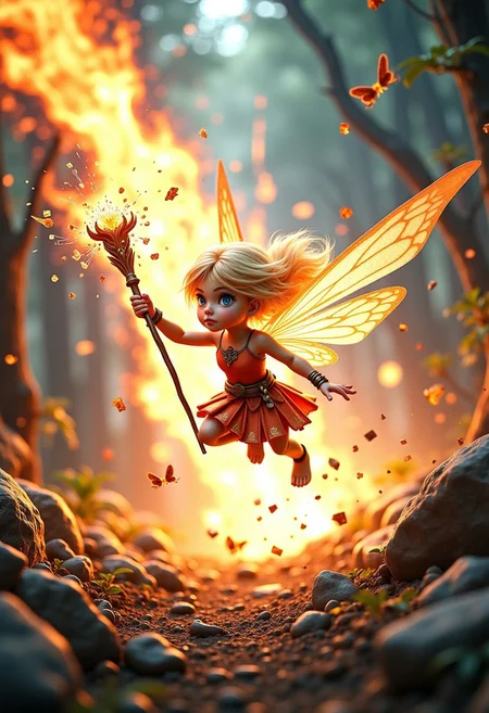 A tiny fairy with glowing skin and delicate wings, mid-air and clutching a magical staff. She's casting a massive, destructive spell that blasts her backward, her hair and wings swept by the force. The spell radiates pulsating energy, lighting up a mystical forest in a chaotic glow, with debris swirling around her. Her determined expression contrasts with the overwhelming power she wields