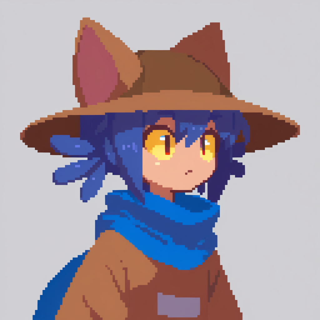 1girl,solo,cniko,blue hair,short hair,hair between eyes,whiskers,cat hat,yellow sclera,brown eyes,slit pupils,blue scarf,brown dress,<lora:last:1>,black background,simple background,
close-up,portrait,looking to the side,<lora:sakuemonq:1>,, score_9, score_8_up, score_7_up, perfect anatomy, source_anime, zPDXL2,
