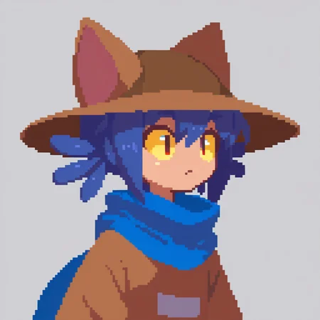 1girl,solo,cniko,blue hair,short hair,hair between eyes,whiskers,cat hat,yellow sclera,brown eyes,slit pupils,blue scarf,brown dress,<lora:last:1>,black background,simple background,
close-up,portrait,looking to the side,<lora:sakuemonq:1>,, score_9, score_8_up, score_7_up, perfect anatomy, source_anime, zPDXL2,