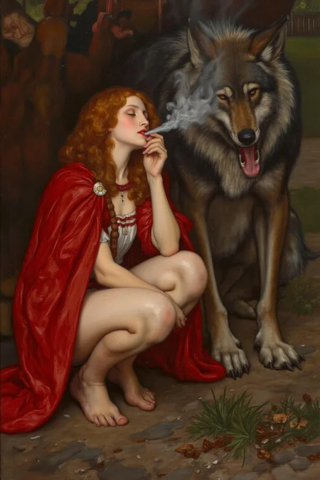 edwinabbey1 painting.
A woman with red wavy hair, dressed as Little Red Ridding Hood, squatting on the ground and smoking with the Big Bad Wolf.
<lora:edwinabbey1_cap_d6a3:1.0><lora:837014887763895988:0>