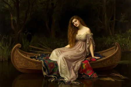johncollier1 painting.
jwwaterhouse1. A young woman seated on top of a colorful blanket inside a small ornate wooden boat. There are some reeds beside the boat. She wears a flowing, pale gown adorned with delicate floral patterns, her long, loose hair cascading around her shoulders. Her face is melancholic. There is a forest in the background. <lora:johncollier1_cap_d8a4e12:1.0><lora:850620521656667630:0>