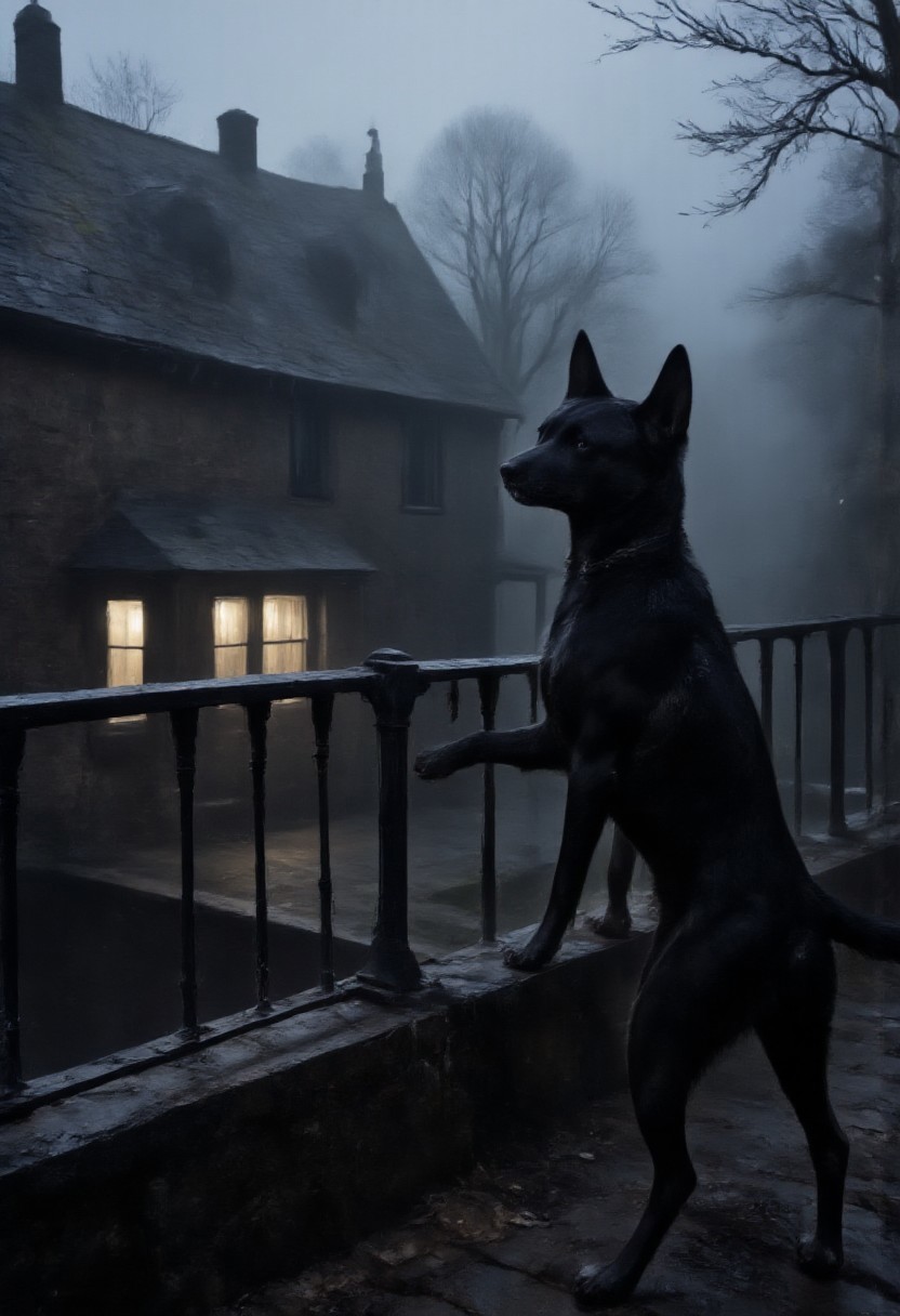 a dog, paws on railing, standing on hind legs, looking outside, view from back of dog, roof top, old house, evening, trees, dark atmosphere, fog,