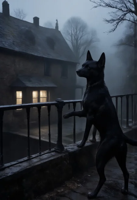 a dog, paws on railing, standing on hind legs, looking outside, view from back of dog, roof top, old house, evening, trees, dark atmosphere, fog,