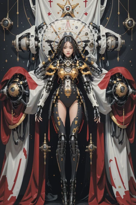 <lora:tarot_mecha:1>,1girl,mecha,full body,Tarot, red armor, star map,simple background, <lora:animetarotV51:0.8>, <lora:techpriest:0.6>, mechanical arms, steampunk, hood, robe, techpriest, (masterpiece, best quality, high quality, highres, ultra-detailed),