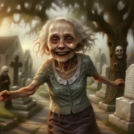 the old woman is actively dancing in the cemetery, a smile on her face, laughing.
rotten skin, by Chris Mars <lora:Chris_Mars:1> <lora:zkeleton:1>
