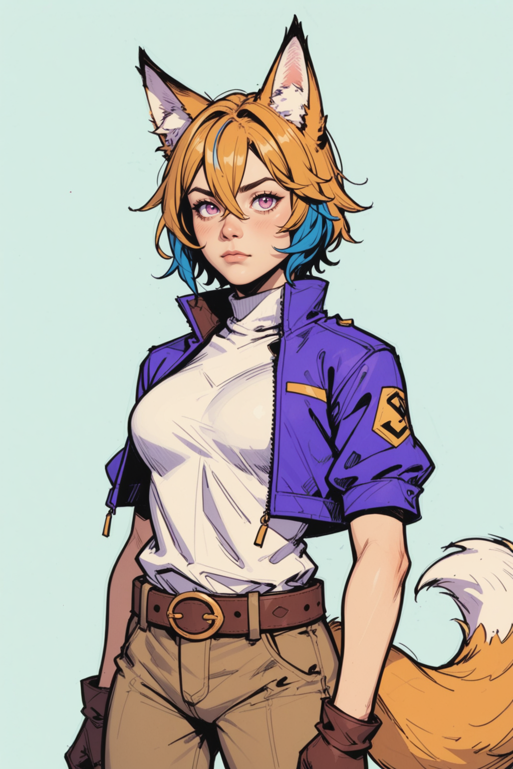 1girl, animal ears, solo, tail, fox ears, fox tail, blue hair, multicolored hair, brown gloves, white hair, jacket, hair ornament, purple eyes, short hair, pants, gloves, hair between eyes, cropped jacket, streaked hair, short sleeves, animal ear fluff, feathers, belt, simple background, fox girl, blue background, closed mouth, brown belt, brown pants, blue jacket, cowboy shot, two-tone hair, brown shirt, shirt, feather hair ornament, open clothes, open jacket, borrowed character, looking up, pink eyes, gradient background, standing, layered sleeves, turtleneck, short over long sleeves, grey background, purple jacket, arms at sides, <lora:Expressive_H:0.5>, score_9, score_8_up, score_8_up, a_Comic_Illustration, rough lines with ink, (drawn:1.1), (sketch:1.5), (crosshatching:1.25), (comic style:1.1), graphic novel style, sharp lines, hires, zstyle, (western comics \(style\):1.1), (hatching \(texture\):1.2), zPDXL, Mr_Monster_Possitive