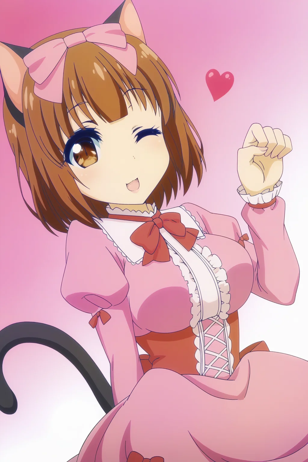 1girl, solo, <lora:Nekohime _ Netoge no Yome wa Onnanoko ja Nai to Omotta _ Pony _ v1:1>, cat ears, hair bow, pink bow, brown hair, short hair, brown eyes, cat tail,
bowtie, red bow, pink dress, juliet sleeves, long sleeves,
looking at viewer, one eye closed, heart, paw pose, 
simple background, dutch angle, gradient background,