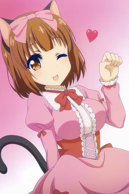 1girl, solo, <lora:Nekohime _ Netoge no Yome wa Onnanoko ja Nai to Omotta _ Pony _ v1:1>, cat ears, hair bow, pink bow, brown hair, short hair, brown eyes, cat tail,
bowtie, red bow, pink dress, juliet sleeves, long sleeves,
looking at viewer, one eye closed, heart, paw pose, 
simple background, dutch angle, gradient background,