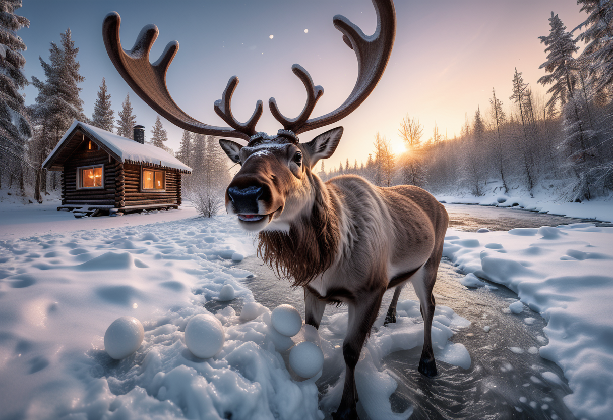 award winning, (professional photo) of (medium shot , wide angle view) of reindeer throwing a snowball, detailed face, located in a winter scene at a snow-covered river during dawn with icy weather, illuminated by warm cabin light, creating a bright serene atmosphere, , creative, beautiful, vibrant, masterpiece, 64k, UHD, HDR, full view, atmospheric lighting, extremely detailed