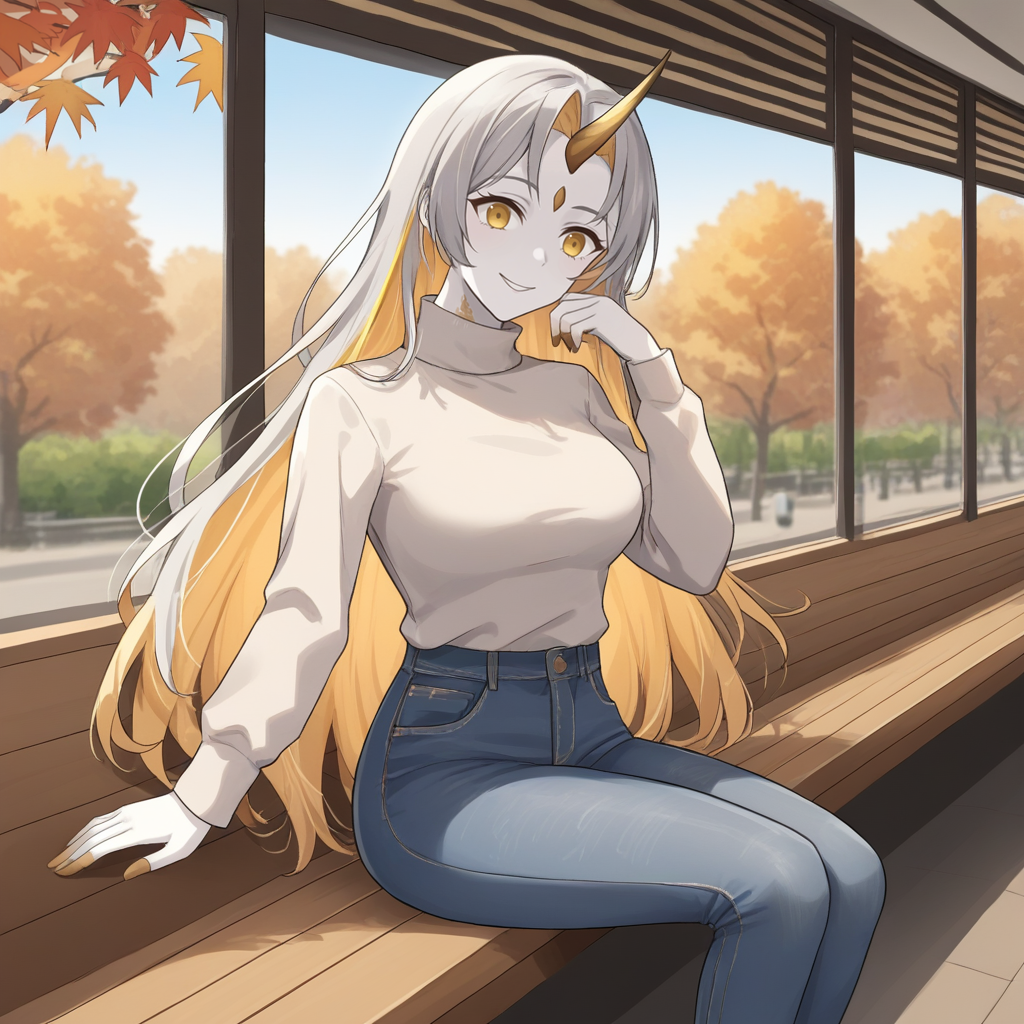 score_9, score_8_up, score_7_up, score_6_up, score_5_up, score_4_up, zPDXL2,source_anime,rating_questionable, 1girl, cowboy shot, smile, cafe interior, sitting, high waisted jeans, turtleneck, autumn, <lora:Gullveig_EFH:0.8> Gullveig_FEH, grey hair, single horn,yellow eyes, white hair, golden hair, multicolored hair, pale skin,long hair,