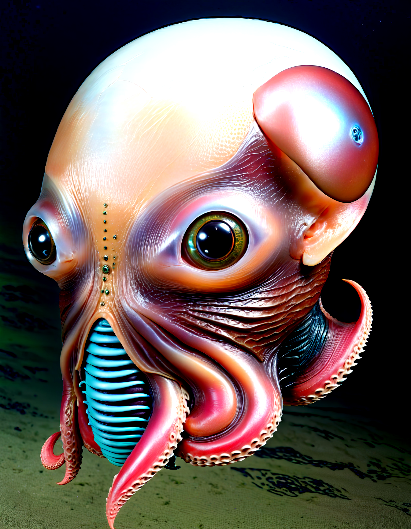 Close up portrait,beautyfull grotesque (she:1.25) half (humanoid:1.25) human (cyborg:1.15) (c1bo:1.05) half Dumbo octopus (face:1.25),tentacle helmet, mouth, eye, fish skin, ,hyperrealistic, dumbo_oktopus,Close up portrait,(she:1.25) half( humanoid:1.1) (cyborg:1.15) c1bo half Dumbo octopus Dumbo octopus near the ocean floor, where it blends eerily with its surroundings, algae-covered statue with empty eye sockets, in a forgotten underwater city.