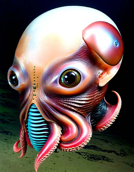 Close up portrait,beautyfull grotesque (she:1.25) half (humanoid:1.25) human (cyborg:1.15) (c1bo:1.05) half Dumbo octopus (face:1.25),tentacle helmet, mouth, eye, fish skin, ,hyperrealistic, dumbo_oktopus,Close up portrait,(she:1.25) half( humanoid:1.1) (cyborg:1.15) c1bo half Dumbo octopus Dumbo octopus near the ocean floor, where it blends eerily with its surroundings, algae-covered statue with empty eye sockets, in a forgotten underwater city.