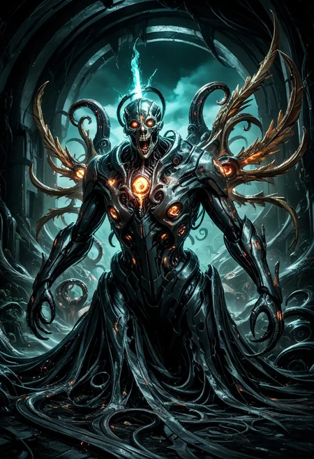 biomechanical, score_9, score_8_up, score_7_up, score_6_up, score_5_up, very aesthetic, fleshmutant, science fiction, mechanical parts, biohazard, glow, cyberpunk, biopunk, A towering celestial entity of biomechanical design, both divine and nightmarish in form. Countless metallic wings, layered like blades of a great machine, extend from its back in a shifting halo of luminous, golden-steel feathers, each one inscribed with ever-changing scripture. A writhing mass of interlocking rings and shifting, eye-covered plates forms its core, spinning in synchronized, unsettling perfection. Every eye glows with an otherworldly radiance, unblinking and omniscient, their gaze piercing through the soul. Tubes and sinewy cables weave through its body, pulsing with strange, ethereal fluids, sustaining its impossible existence between flesh and divine machinery. Its voice is a chorus of overlapping frequencies, both holy and inhuman, resonating with commands that shake reality itself. Beneath its many wings, glimpses of elongated tentacles—part organic, part metallic—move with eerie precision, each finger tipped with delicate, needle-like extensions. The presence of the entity is overwhelming, evoking awe and terror, as if reality itself strains to comprehend its form. The backdrop is a sky torn apart by radiant fractal light, where the fabric of existence bends in reverence to its impossible holiness.