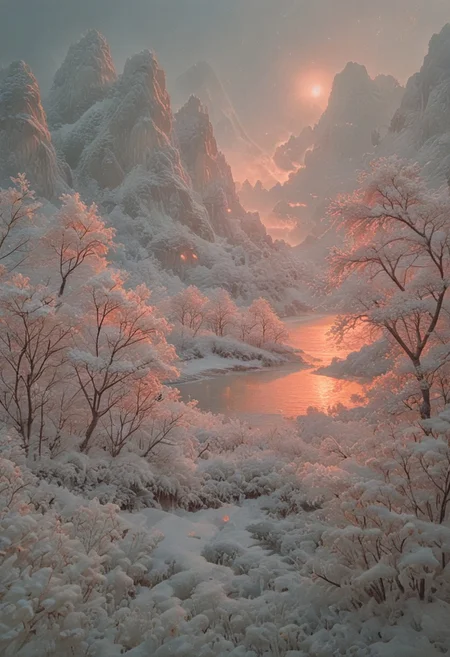 psychodelic scenic japan night landscape, novuschroma73 style, sakura garden, (((winter))), snow, frost, frozen, ice, mountains, lake, perfect composition, sunlight, golden hour, haze, low angle, masterpiece, award winning,, ultra detailed, highly detailed, 8k, uhd, Style-Japan, vivid colours, luminous, ethereal, steam from ice melting,