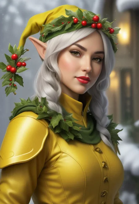 Sneaky mercenary elf wearing a yellow armored suit, pointy elf ears, Christmas, mistletoe, mistletoe mercenaries, BREAK, (8k:1.0), (hi res:1.0), (masterpiece:1.0), (best quality:1.0), (realistic:1.2), (ph0t0x2:1.0),