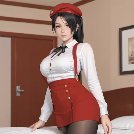 <lora:momijininjagaiden_pony_v1:.8>MomijiNinjaGaiden, 1girl,ponytail, black hair, long hair,  large breasts, lips, brown eyes, cowboy shot,  <lora:0902 Home wear 5_v1_pony:1> ruanyi0902,beret,black ribbon,collared shirt,black pantyhose,high-waist skirt,white shirt,suspenders
