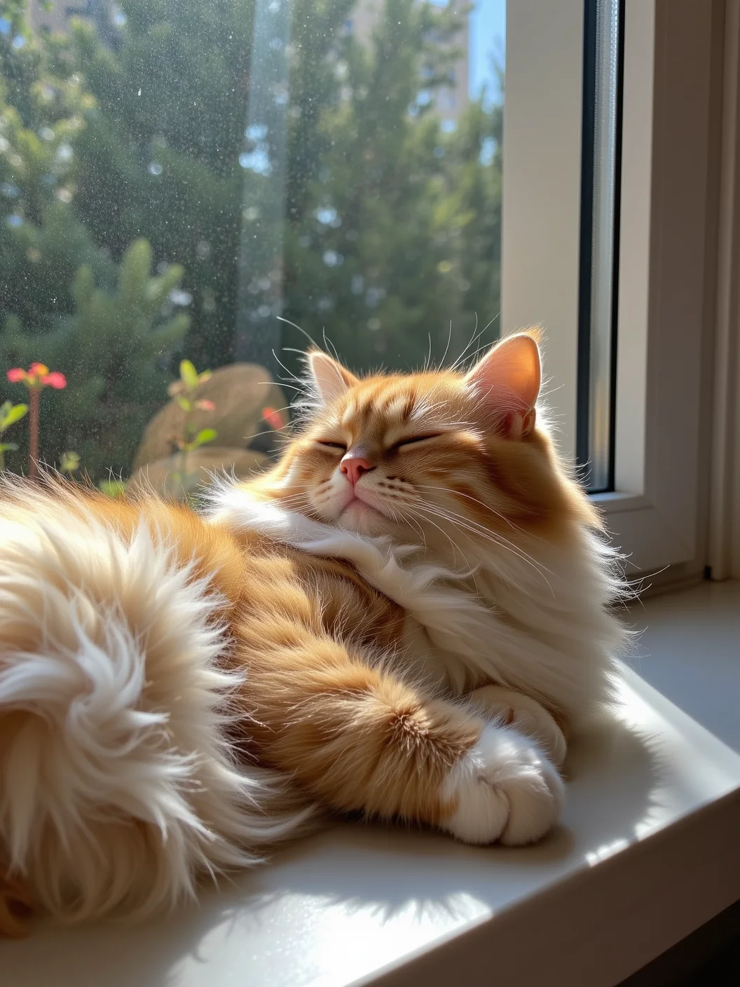 Fluffy cat sunbathing on a windowsill, warm light filtering through the window, casting soft shadows on its fur. Eyes closed, head resting on its paws, soft golden and white fur glowing in the sunlight. Outside, trees sway gently in the breeze, a few flowers visible through the glass. Cozy indoor scene, the peaceful warmth of the sun filling the room, the cat completely relaxed and serene.