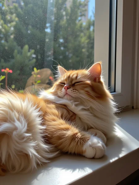 Fluffy cat sunbathing on a windowsill, warm light filtering through the window, casting soft shadows on its fur. Eyes closed, head resting on its paws, soft golden and white fur glowing in the sunlight. Outside, trees sway gently in the breeze, a few flowers visible through the glass. Cozy indoor scene, the peaceful warmth of the sun filling the room, the cat completely relaxed and serene.