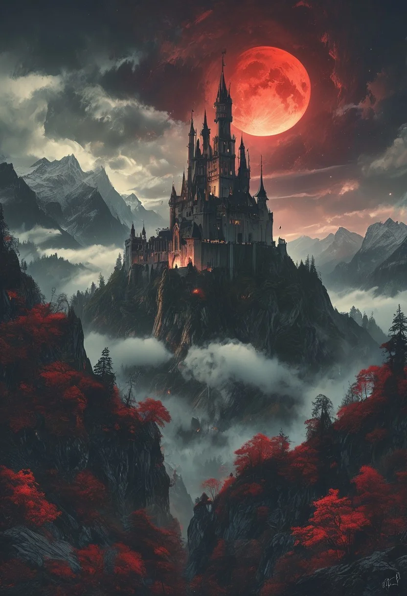 A captivating night scene illustration featuring a forboding and haunted castle on a great great mountain. The castle and mountain are much like Neuschwanstein Castle in Bavaria. This enchanting artwork captures a dark and ominous night, where an ominous red bloodmoon hangs above over the tree covered mountain range and castle which stands resolute amidst the great mountains, creating a cinematic experience., illustration, cinematic
<lora:DonM3t3rn1tyXL-v1.1:0.7>, DonM3t3rn1tyXL,
OverallDetailXL <lora:MJ52:0.3> <lora:SDXLFaeTastic2400:0.4> <lora:EpicF4nta5yXL:0.7>