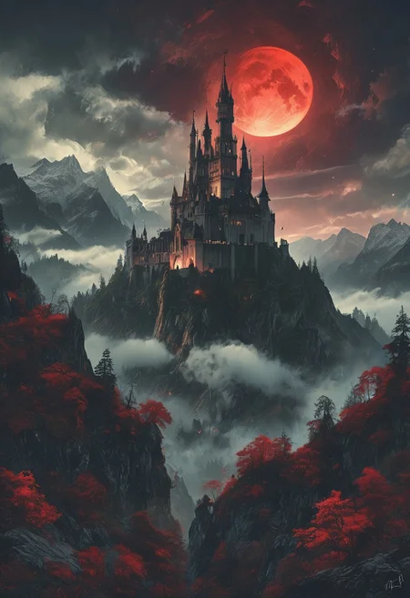 A captivating night scene illustration featuring a forboding and haunted castle on a great great mountain. The castle and mountain are much like Neuschwanstein Castle in Bavaria. This enchanting artwork captures a dark and ominous night, where an ominous red bloodmoon hangs above over the tree covered mountain range and castle which stands resolute amidst the great mountains, creating a cinematic experience., illustration, cinematic
<lora:DonM3t3rn1tyXL-v1.1:0.7>, DonM3t3rn1tyXL,
OverallDetailXL <lora:MJ52:0.3> <lora:SDXLFaeTastic2400:0.4> <lora:EpicF4nta5yXL:0.7>