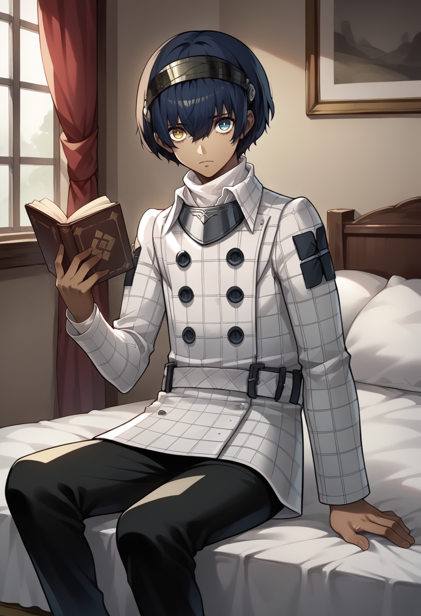 score_9, score_8_up, score_7_up, source_anime, 1boy, solo, sitting, looking at viewer, expressionless, holding book, <lora:ProtagonistMR-pdxl:1> protagonistMR, short hair, hair between eyes, hairband, heterochromia, yellow eyes, blue eyes, dark skin, plaid coat, collared jacket, black pants, boots, indoors, on bed, wooden floor