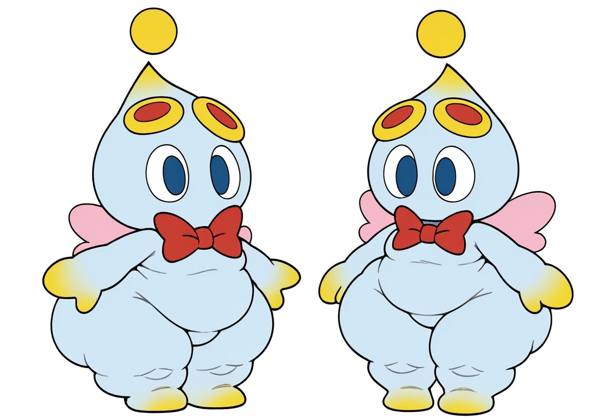 BREAK (1male, CheeseSonic, small blue body, round yellow sphere atop of head, yellow highlights on head hands and feet, large, oval-shaped blue eyes, Small pink wings, red bowtie, short, chibi,, chunky thighs, wide hips, solo), fat chunky ass, white_background, 2d, flat color