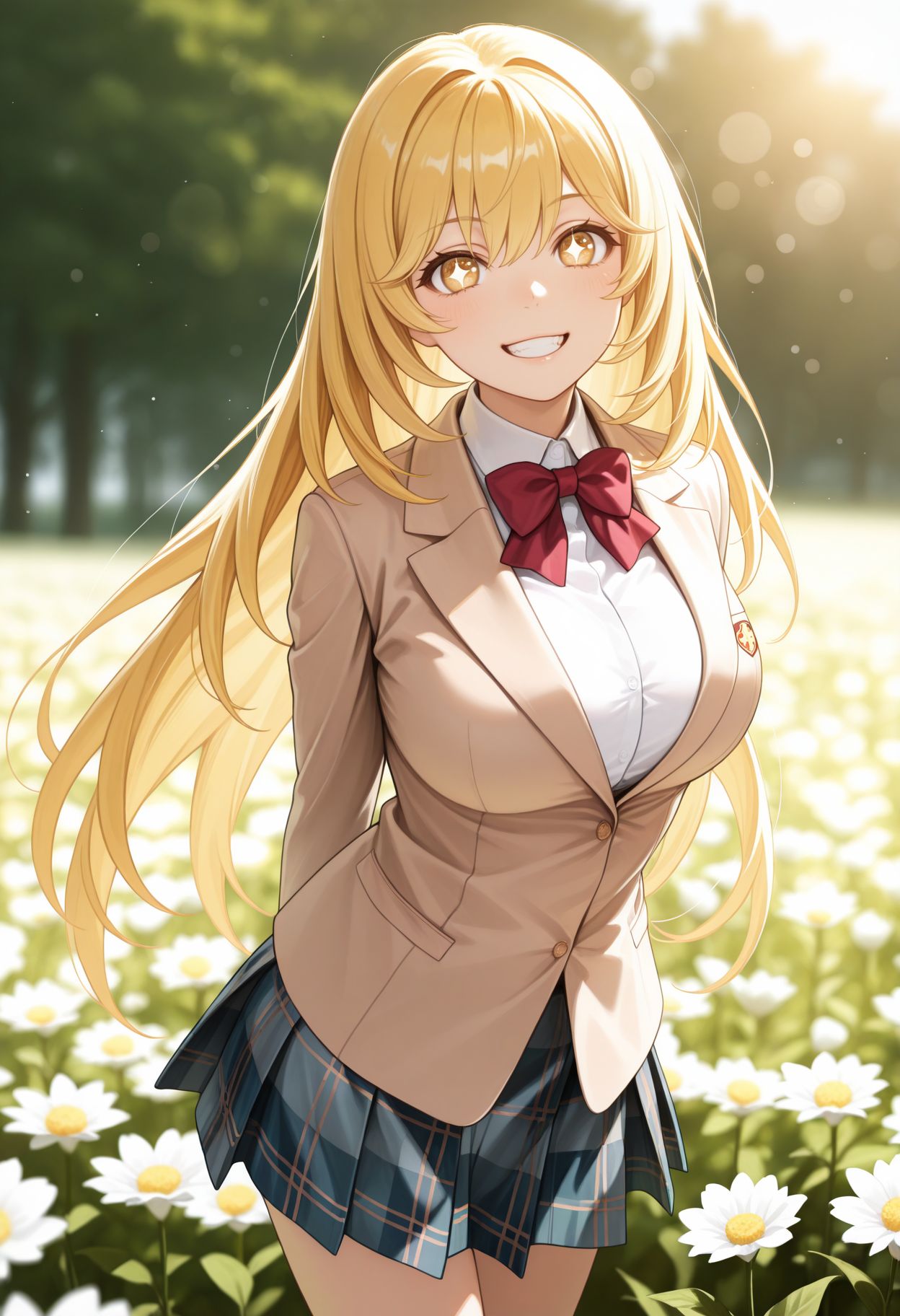 masterpiece,best quality,absurdres,highres,very aesthetic,high quality,detailed,insanely detailed,beautiful,perfect lighting, ,depth of field,blurry background,bokeh, looking at viewer, looking at viewer, flower field, smile, happy,  teeth, arms behind back, 
, tokiwadai school uniform, winter uniform, red bowtie, brown jacket, dress shirt, white shirt, collared shirt, long sleeves, plaid skirt, pleated skirt, miniskirt,,
 <lora:Shokuhou Misaki:1> 1girl, blonde hair, symbol-shaped pupils, star-shaped pupils, large breasts, long hair