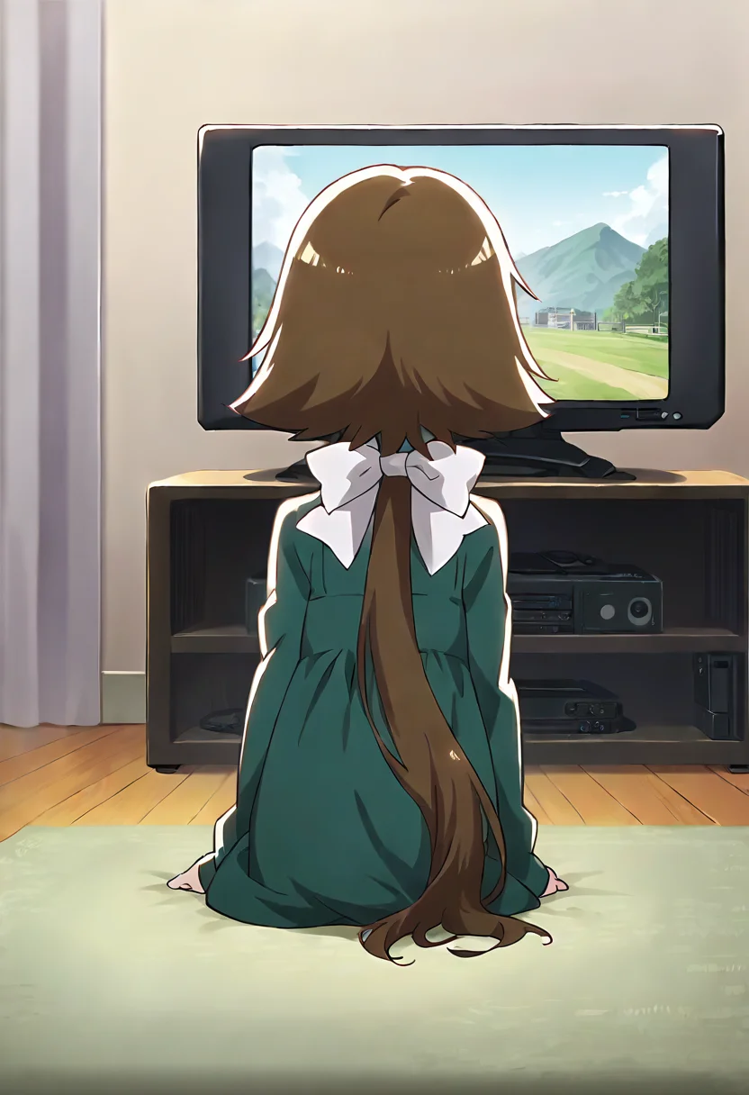score_9, score_8_up, score_7_up, source_anime, masterpiece, 1girl, ct_mashir0, hair bow, green dress, white pantyhose, long sleeves, indoors, television, depth of field, from behind, facing away, watching television, <lora:Mashiro_Mitsumine_pony_ct_ver2:0.9>