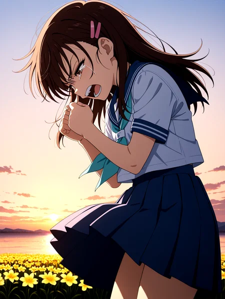 masterpiece,best quality,newest,absurdres,highres,detailed eyes,beautiful,detailed background,perfect eyes,anime coloring,anime screencap,white background,
nsfw,explicit,<lora:add-detail-xl:1>,<lora:ponyv4_noob1_2_adamW-000017:0.8>,wear clothes,
1girl,solo,outdoors,sea skyline,numerous flower(narcissu),sunset,wind lift,narcissu_petals,mid_shot,head down,praying,from side,gloom,clenched hand,clenched lips,half-closed eyes,tears,angry,dripping teardrop,shouting,bend over,open mouth,teeth,
<lora:IL-SETSUMI-10:1>,narcissu,il-setsumi_sakura,brown hair,brown eyes,school uniform,long hair,white serafuku,pink hairclip,blue skirt,aqua neckerchief,age down,blue sailor collar,