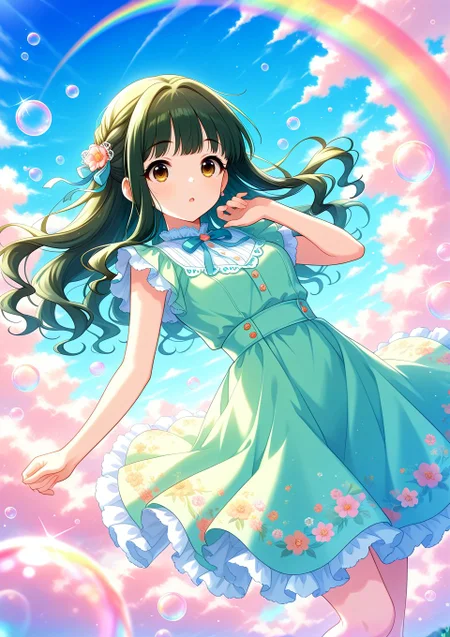 sfw, general,
<lora:Fujii_Tomo_1607655:0.6>, fujii tomo, brown eyes, dark green hair, long hair,
idolmaster, idolmaster cinderella girls, green dress, floral embroidery dress, pastel colors, colorful, blue sky,
<lora:soap-bubble-fantasy-04:0.7>, soap bubble background fantasy, rainbow bubbles,
<lora:on_cloud_v1_illustrious_d:0.7>, on_cloud, cloud,, BREAK
masterpiece, best quality, amazing quality, very aesthetic, absurdres, newest,
<lora:Eyes_High_Definition:0.6>, eyesHD, high gradient eyes, detailed eyes, high definition eyes,
<lora:LECO_Particles:1>,
BREAK, <lora:brightness_slider:-0.5>,, general, dutch angle, oblique view, dynamic pose,