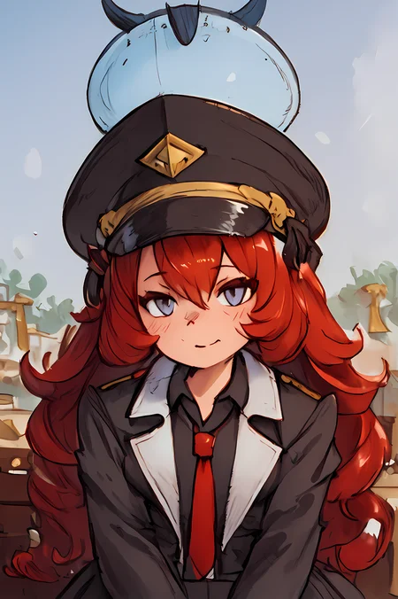 score_9, score_8, score_7, solo, 1girl, halo, Iroha_(Blue_Archive), long hair, red hair, solo, halo, grey eyes, blush, very long hair, hair between eyes, long sleeves, shirt, jacket, hat, peaked cap, necktie, black headwear, military hat, military, black shirt, wavy hair, red necktie, smile, uniform, skirt, military uniform, open clothes, armband, <lora:pony\char\game\ba\Iroha_Pony-10.safetensors>, <lora:styles\Akihiko_Yoshida_Chibi_Style_v2.1.safetensors>, <checkpoint:[Pony] prefectPonyXL_v10.safetensors>, <checkpoint:[SD15] Anime_Sketchink.safetensors>, <checkpoint:[SD15] tfmCutesyAnime2_genesis.safetensors>
