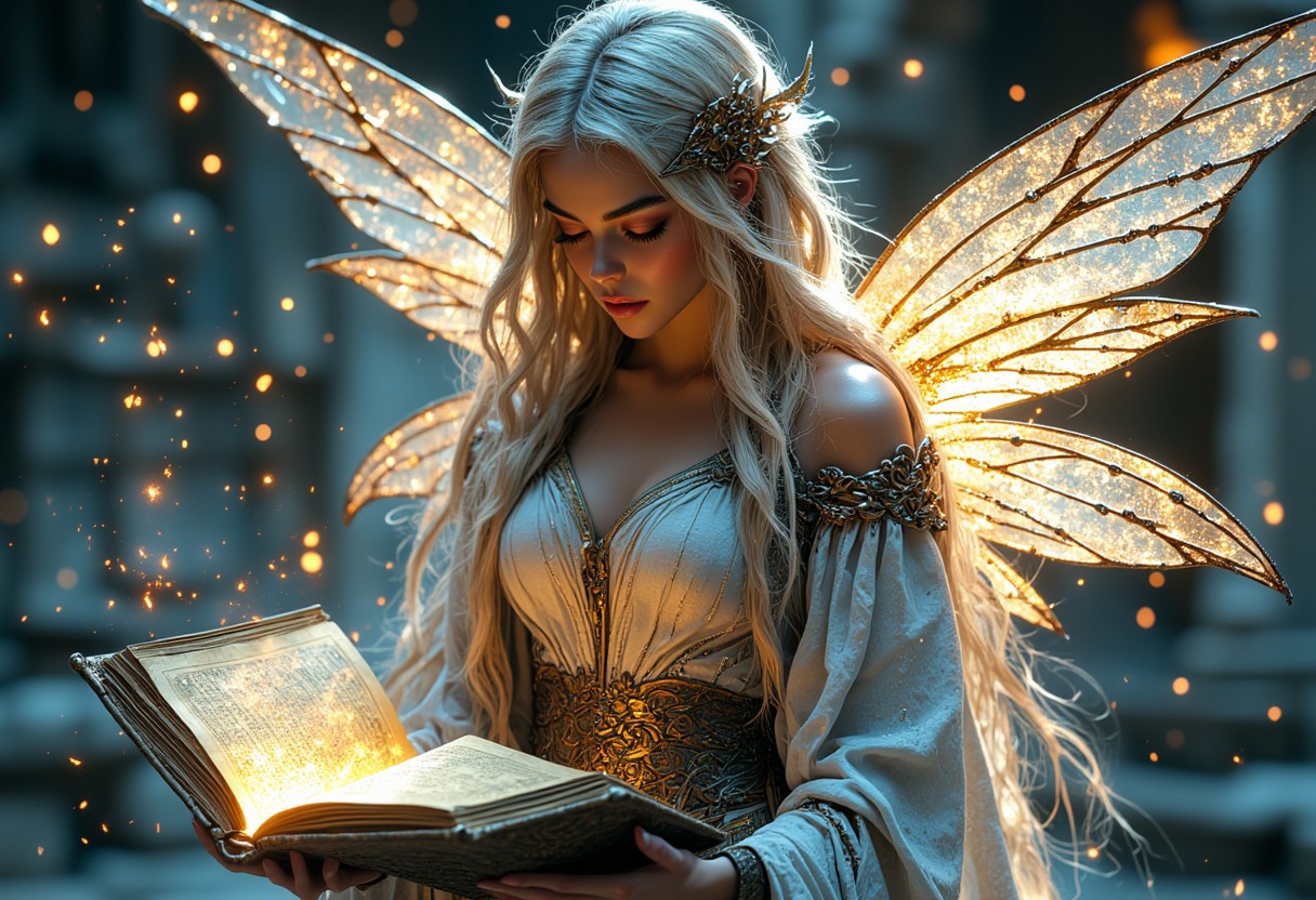 a close up shot of a beautiful angel, wearing magical robe, beautiful glowing wings, casting magic spell, heaven in background, hkmagic, reflective light, fantasy style, magic particals in the air, mythp0rt