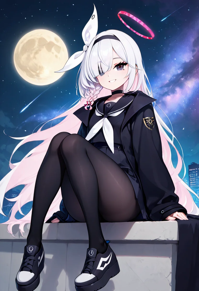 masterpiece, best quality, solo, curvy, beautiful eyes,  narrow waist, wide hips, zzPlana, grey eyes, white hair, bangs, braid, ribbon, halo, hair over one eye, black choker, bow hairband, hairband,  dynamic angle, foreshortening, close up, smile, looking at viewer,   ,       <lora:PlanaBlueArchiveIXL:1.0>, [Celestial Streetwear], Oversized moon hoodie, starglyph tights, platform sneakers, alien earrings, Leaning on a rooftop at night, surrounded by cosmic city lights and a starry sky.