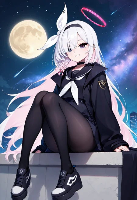 masterpiece, best quality, solo, curvy, beautiful eyes,  narrow waist, wide hips, zzPlana, grey eyes, white hair, bangs, braid, ribbon, halo, hair over one eye, black choker, bow hairband, hairband,  dynamic angle, foreshortening, close up, smile, looking at viewer,   ,       <lora:PlanaBlueArchiveIXL:1.0>, [Celestial Streetwear], Oversized moon hoodie, starglyph tights, platform sneakers, alien earrings, Leaning on a rooftop at night, surrounded by cosmic city lights and a starry sky.