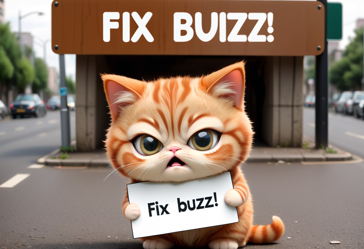tiny cute chubby chibi ginger kitten with large sad eyes, looking over a sign , (text:"fix buzz !" printed on a sign)