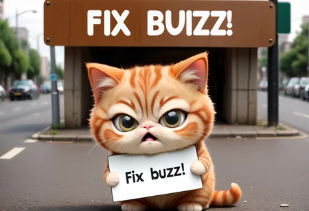 tiny cute chubby chibi ginger kitten with large sad eyes, looking over a sign , (text:"fix buzz !" printed on a sign)