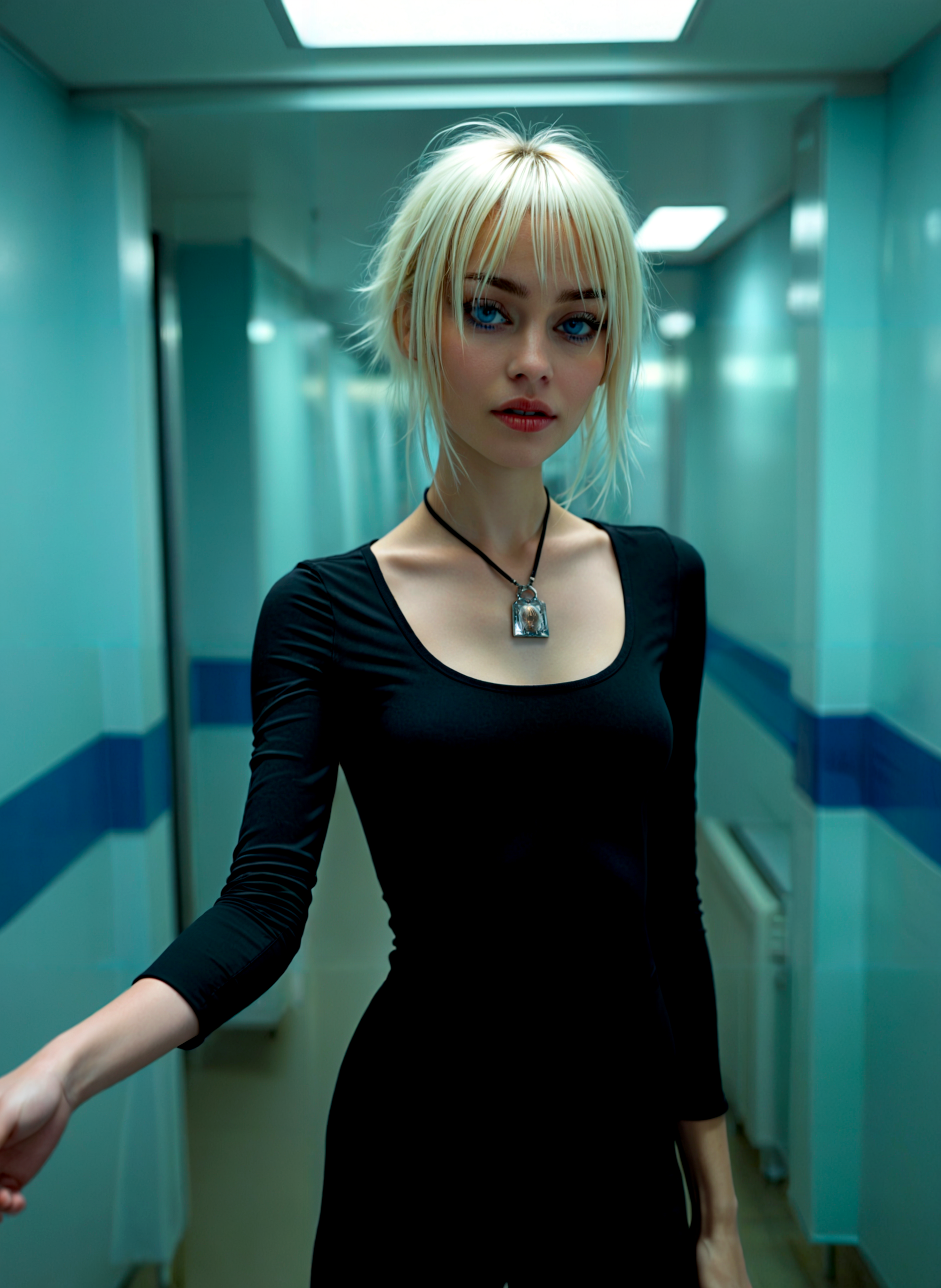 cinematic film still a young woman with blonde hair standing in a hallway. She is wearing a black long-sleeved top and a black necklace with a pendant. Her hair is styled in a short bob with bangs and she is looking directly at the camera with a serious expression. The hallway has blue and white striped walls and a high ceiling with recessed lighting. The overall mood of the image is dark and mysterious. <lora:add-detail-xl:.5>  <lora:Flux-style-xl-lora:.5>