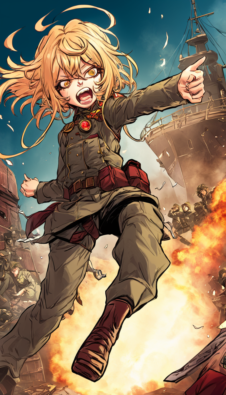 comic Cinematic scene, hero view, Tanya Degurechaff, Youjo Senki <lora:tanya_degurechaff_xl_v5:1>, action pose, masterpiece, best quality, high quality, highres, absurdres  . graphic illustration, comic art, graphic novel art, vibrant, highly detailed