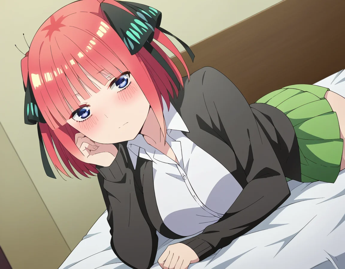 score_9, score_8_up, score_7_up, source_anime,
ninonakano, <lora:nino-nakano-s2-ponyxl-lora-nochekaiser:1>, 
nino nakano, short hair, bangs, blue eyes, hair ornament, hair ribbon, pink hair, blunt bangs, two side up, butterfly hair ornament, mature female,
skirt, shirt, long sleeves, white shirt, pleated skirt, open clothes, collared shirt, sleeves past wrists, dress shirt, cardigan, green skirt, open cardigan, black cardigan,
indoors, bed, bed room, on side, blush, drunk,
looking at viewer, cowboy shot, dutch angle, solo,