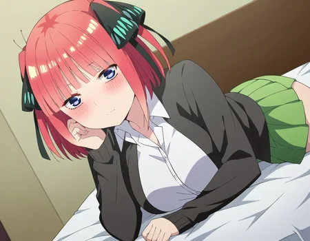 score_9, score_8_up, score_7_up, source_anime,
ninonakano, <lora:nino-nakano-s2-ponyxl-lora-nochekaiser:1>,
nino nakano, short hair, bangs, blue eyes, hair ornament, hair ribbon, pink hair, blunt bangs, two side up, butterfly hair ornament, mature female,
skirt, shirt, long sleeves, white shirt, pleated skirt, open clothes, collared shirt, sleeves past wrists, dress shirt, cardigan, green skirt, open cardigan, black cardigan,
indoors, bed, bed room, on side, blush, drunk,
looking at viewer, cowboy shot, dutch angle, solo,