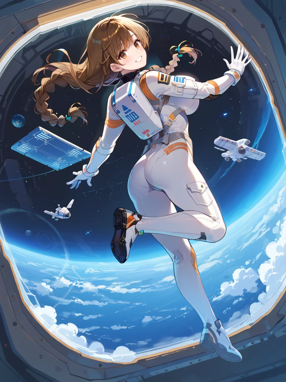 score_9, score_8_up, score_7_up, score_6_up, source_anime,
(full body:1.2), (dutch angle), hetero,from behind,
1girl,emma verde, long hair, bangs, brown hair,brown eyes,,twin braids,large breasts,blush,open legs,spacesuit,smile,waving,
<lora:Aerial_AttacksFlying:0.8>flying,((floating)),zero gravity,Weightlessness
<lora:Space_ship_concept:0.8>sp4cecraft, spacecraft_interior